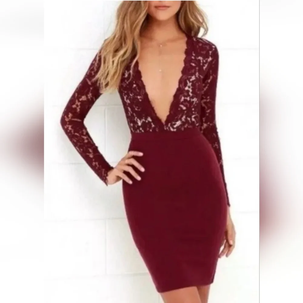 Lulus Mini Dress Sooner Or Later Burgundy Lace Long Sleeve Sexy Plunge Small